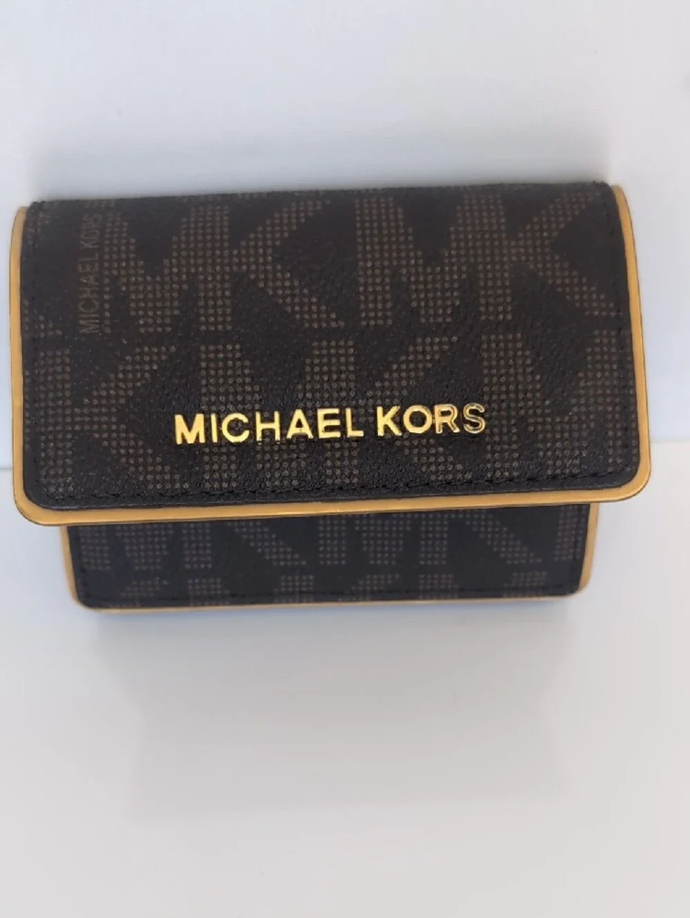 Michael Kors Dark Brown MK Logo Compact Wallet with Gold Trim